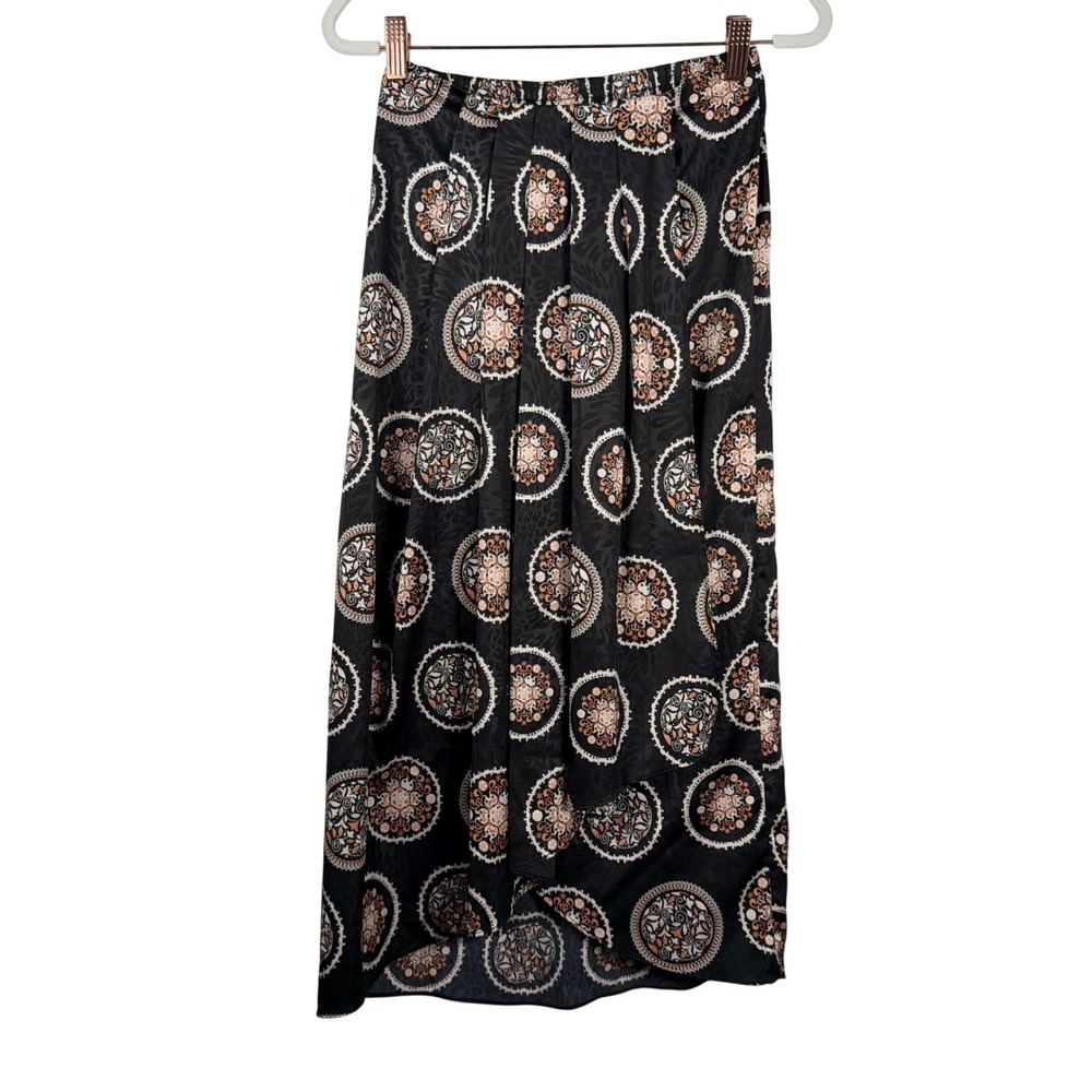 Joie XS Black Orange Medallion Print High Low Faux Wrap Midi Skirt Satin Feel